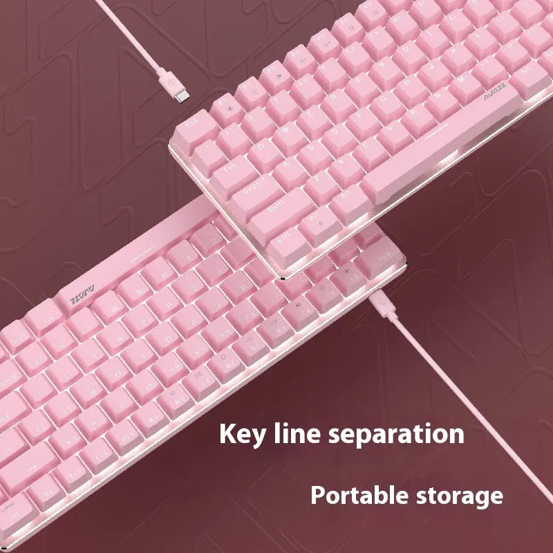 White backlit 82-key metal mechanical gaming keyboard with pink switches for laptops.
