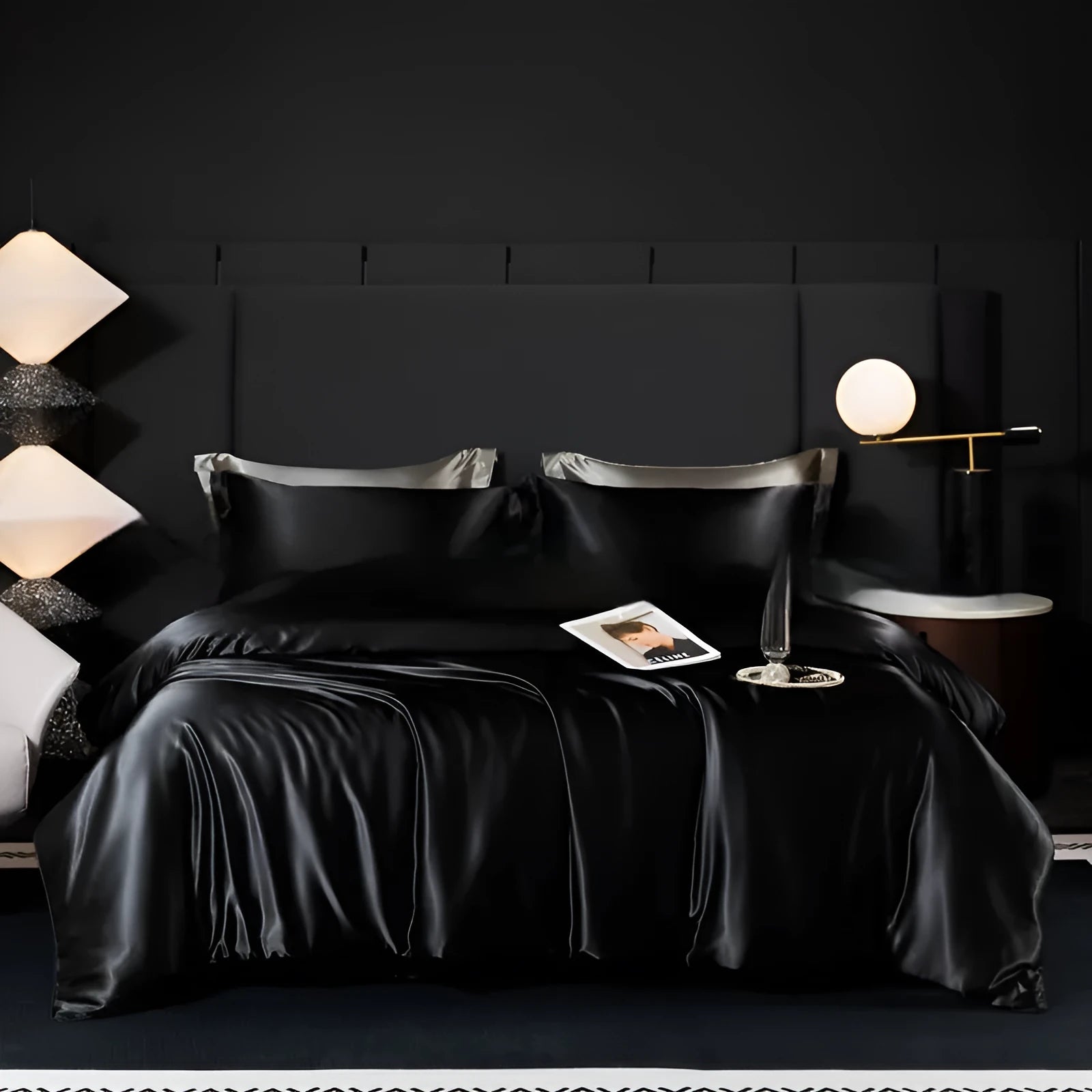 Solid colour silk bedding four-piece set on a bed, showing one of seven available colour options.