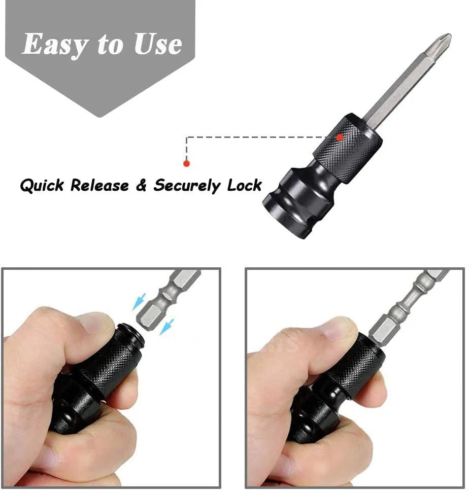 Telescopic scaling bit holder tool with 1/2" to 1/4" function and adjustable sleeve