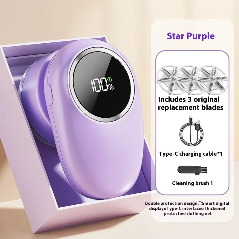 Beige and purple digital fur ball trimmer lint removers with stainless steel cutter heads on a USB cable.