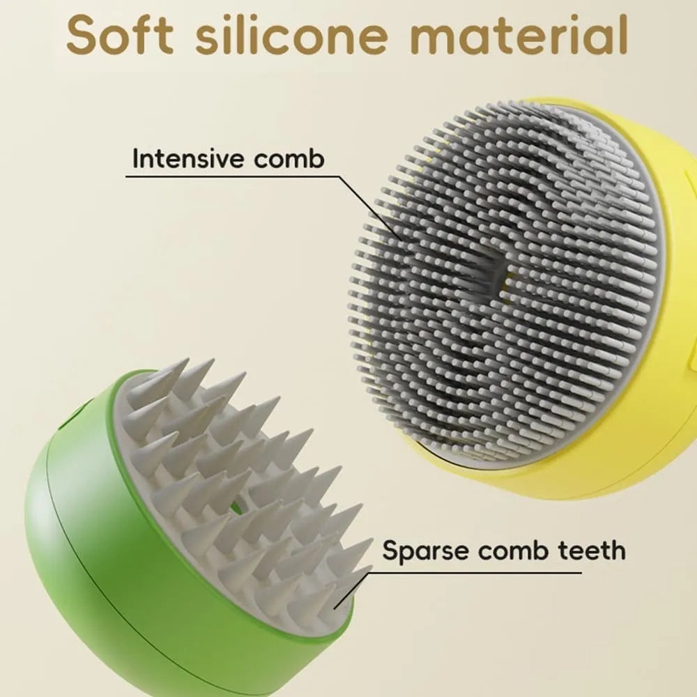 Green and yellow rechargeable silicone steam brush for cat and dog grooming on a white background