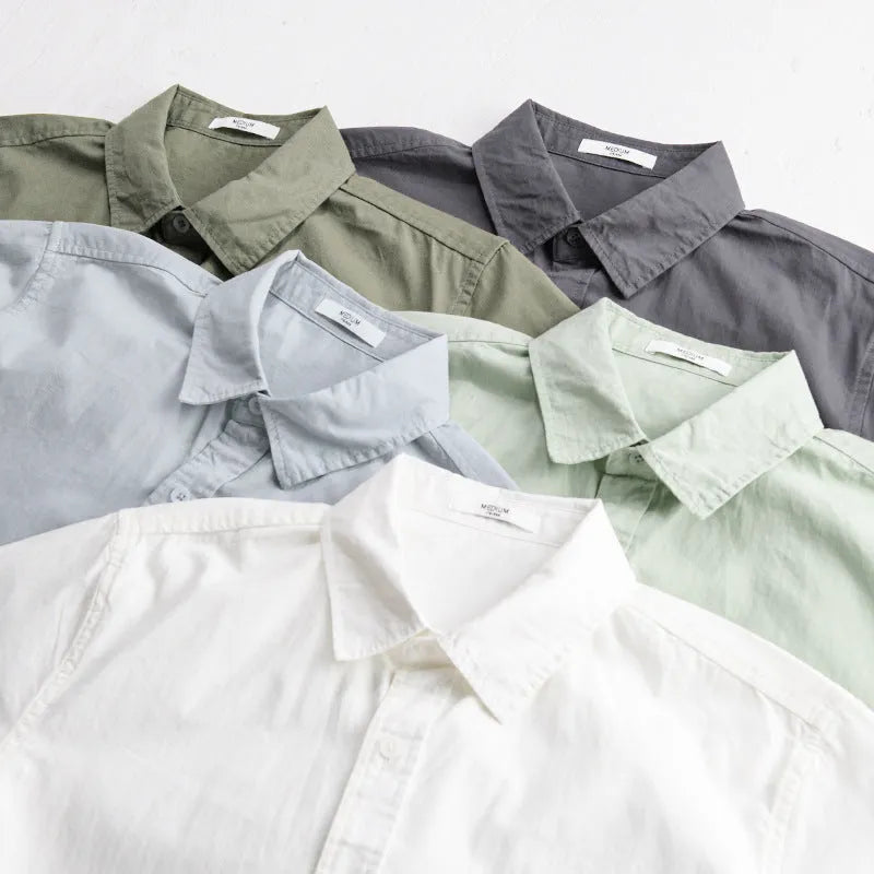 Men's loose fit pure cotton short sleeve shirt in cardigan style showing five colour options