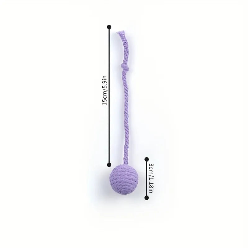 Colourful cat toy ball with attached rope and internal bell in green, pink, purple, and yellow options