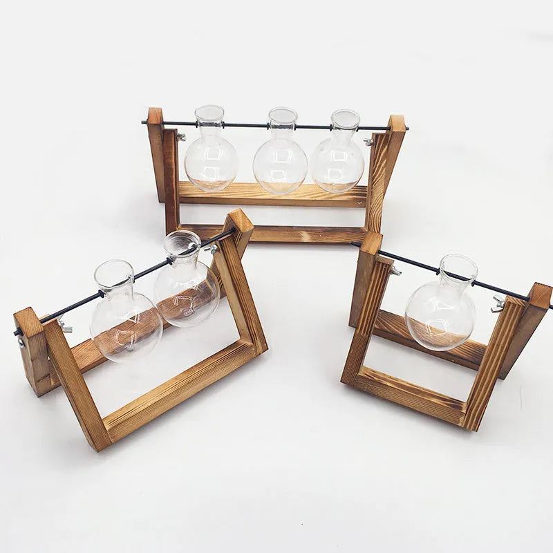 Hydroponic borosilicate glass vase in a wooden swing stand with iron frame, geometric pastoral design for indoor plant display