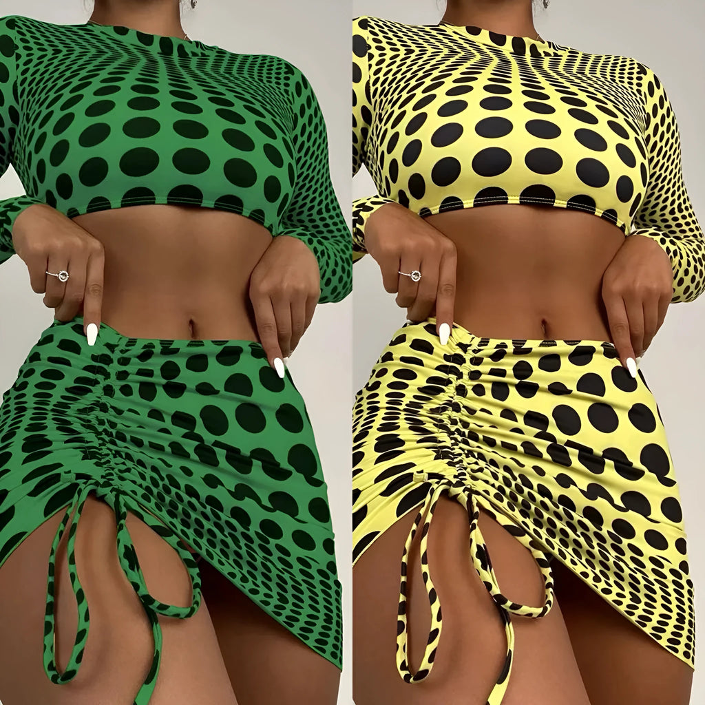 Green and yellow polka dot women's swimsuit three-piece set showing top, skirt, and bra