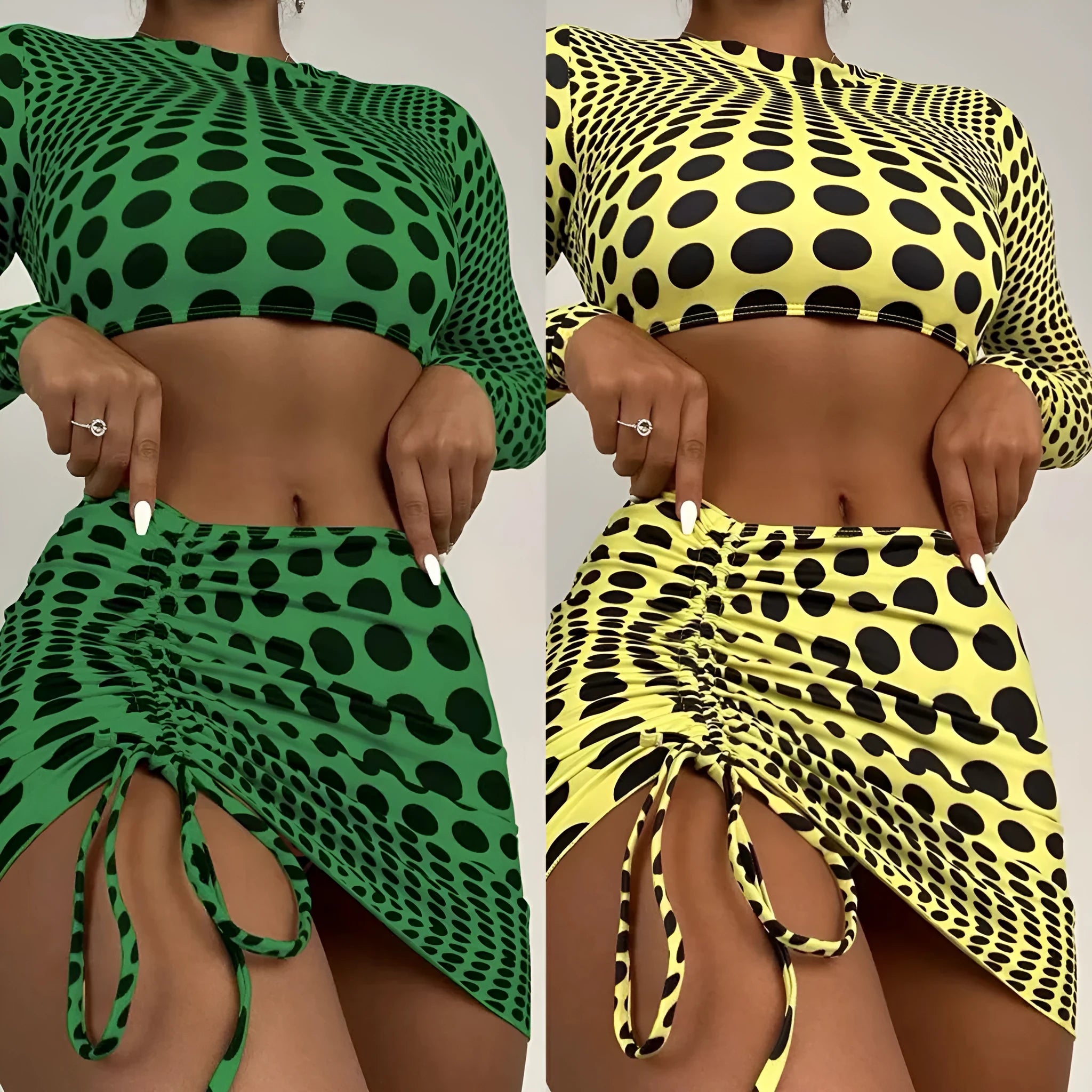 Green and yellow polka dot women's swimsuit three-piece set showing top, skirt, and bra