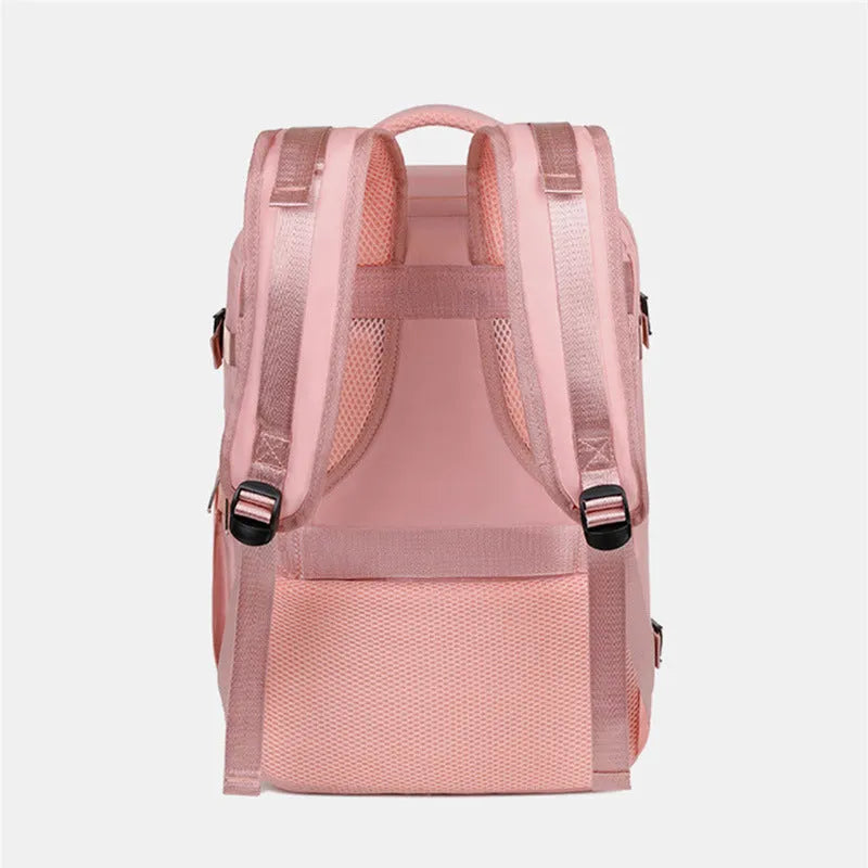 Large purple travel backpack with multiple compartments and an air pillow strap system, shown on a neutral background.