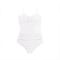 A black one-piece women's swimsuit with adjustable shoulder straps on a mannequin, showing the high-waisted design.