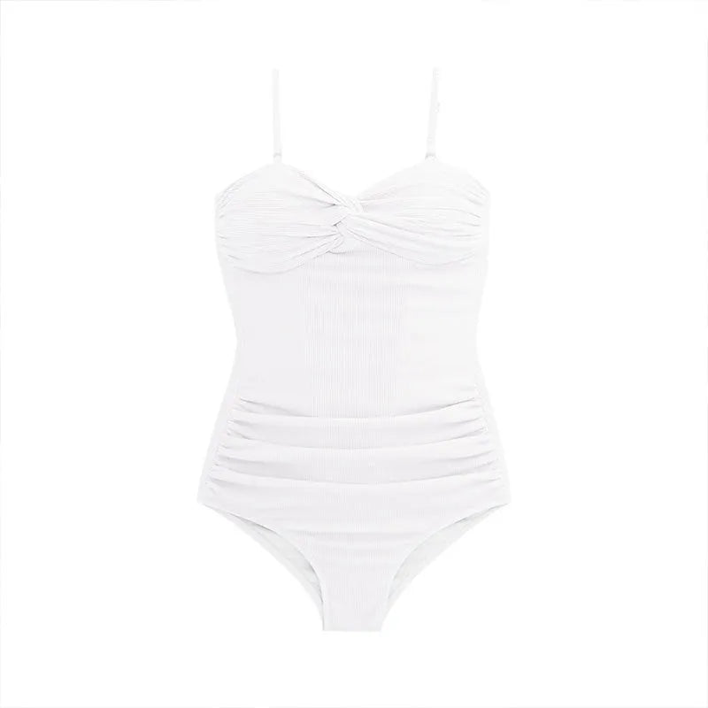 A black one-piece women's swimsuit with adjustable shoulder straps on a mannequin, showing the high-waisted design.