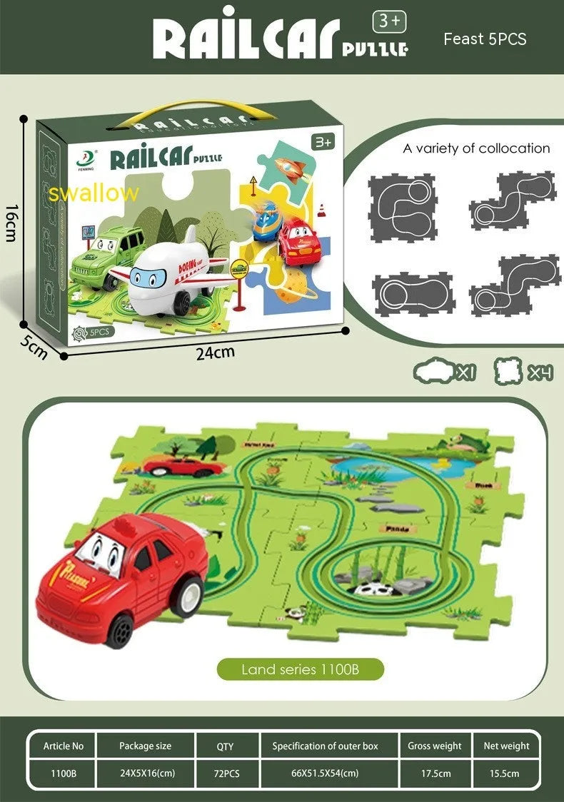 Children puzzle electric railroad speeder DIY track set with automatic car on grooved rails