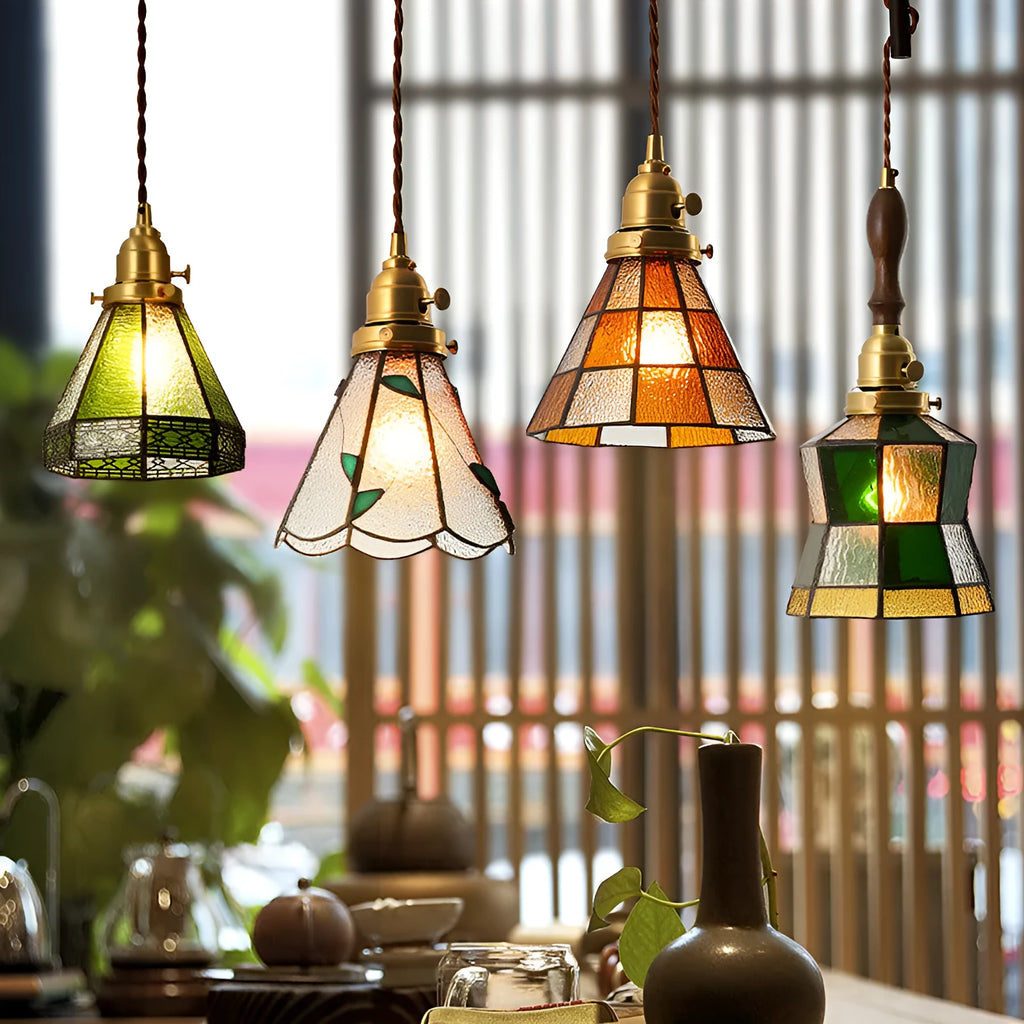 Japanese retro brass and glass chandelier with hand-blown shades and walnut ceiling plate