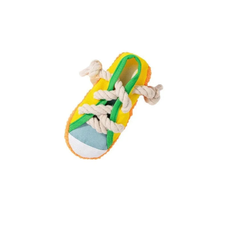 Bendable plastic dog chew toy with squeaker in yellow, black or blue colour options
