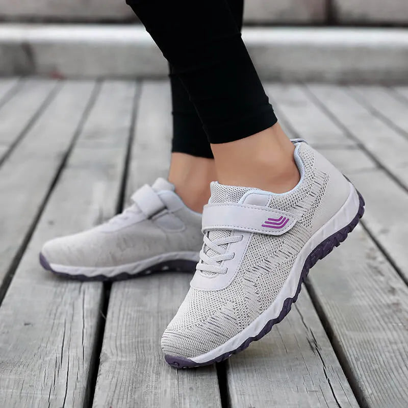 Women's wedge sole shoes with mesh upper and Velcro fastening in grey purple colour