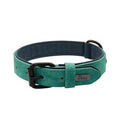 Adjustable dog collar showing PU front and microfiber back in purple colour