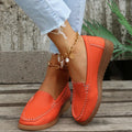 Women's flat loafers in PU leather with round toe and rubber sole, shown in assorted colours.