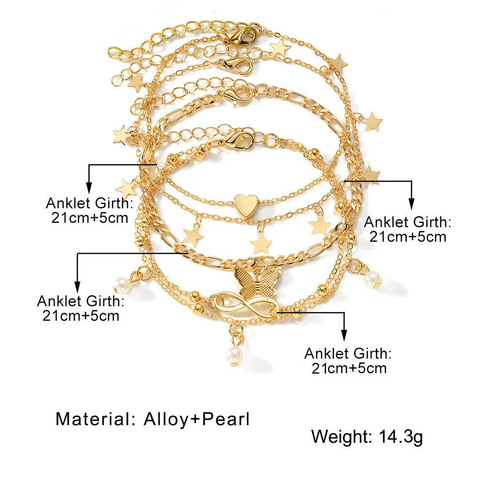 Butterfly pearl heart anklet set of four silver-tone alloy foot chains for women