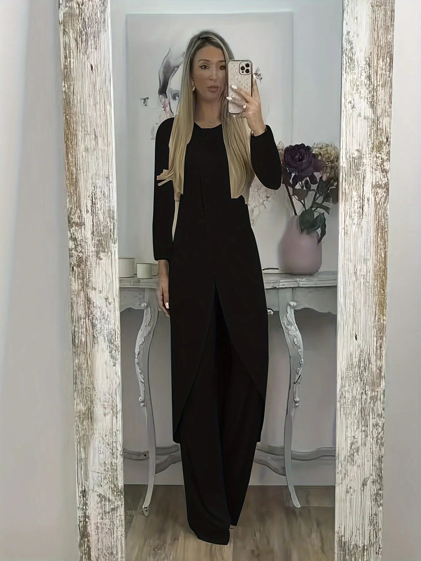 Men's black casual long sleeve two-piece lounge set with loose round neck top and trousers