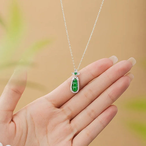 925 sterling silver sauteed green beans flower pendant necklace on cross chain, D1722 style, silver colour
