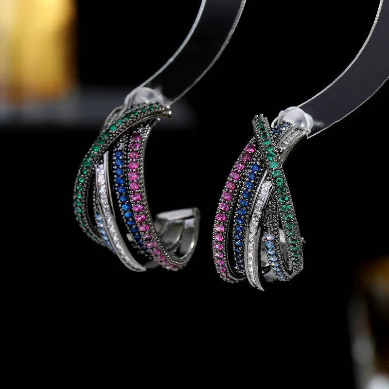 Geometric line cross C-circle earrings with inlaid zircon in three colours white gun black turquoise blue copper