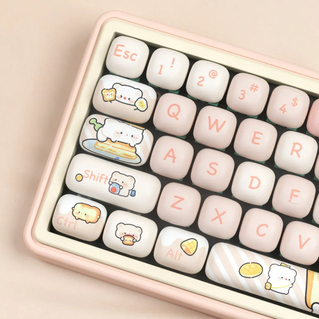 PBT mechanical keyboard key cap set with steamed bread bear design showing thermal sublimation printing