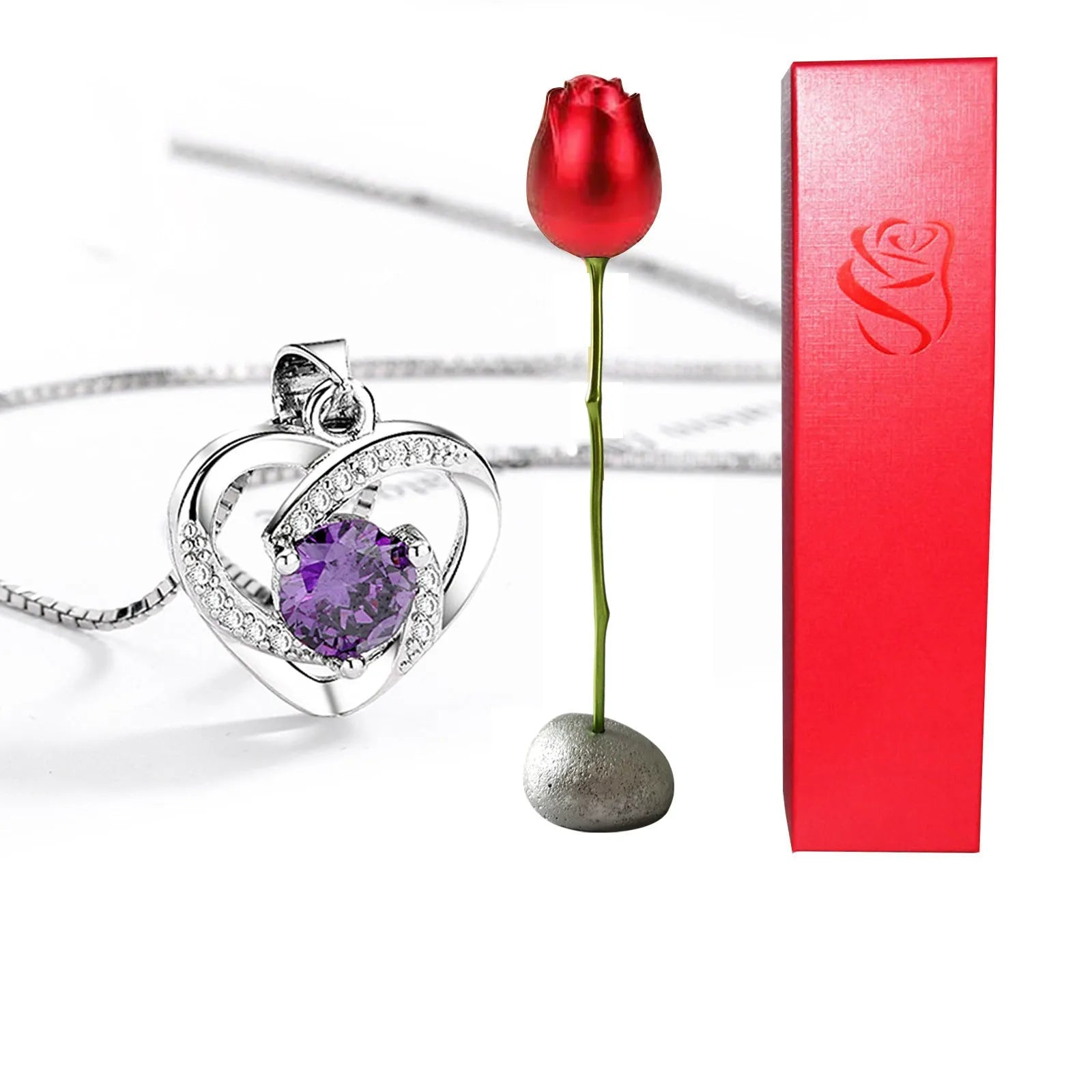Heart-shaped crystal diamond rose pendant necklace in copper with electroplated finish, rose box packaging