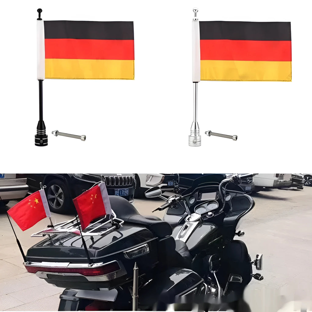 Motorcycle side box mounting flagpole in silver or black for luggage rack attachment