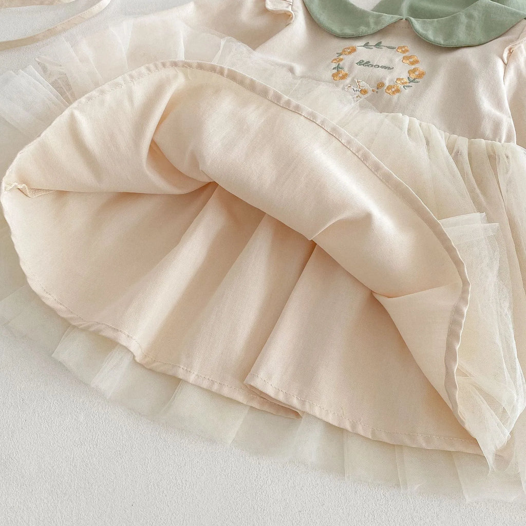 Girls' floral spring dress, long sleeve cotton, beige and pastoral green, suitable height 73-120