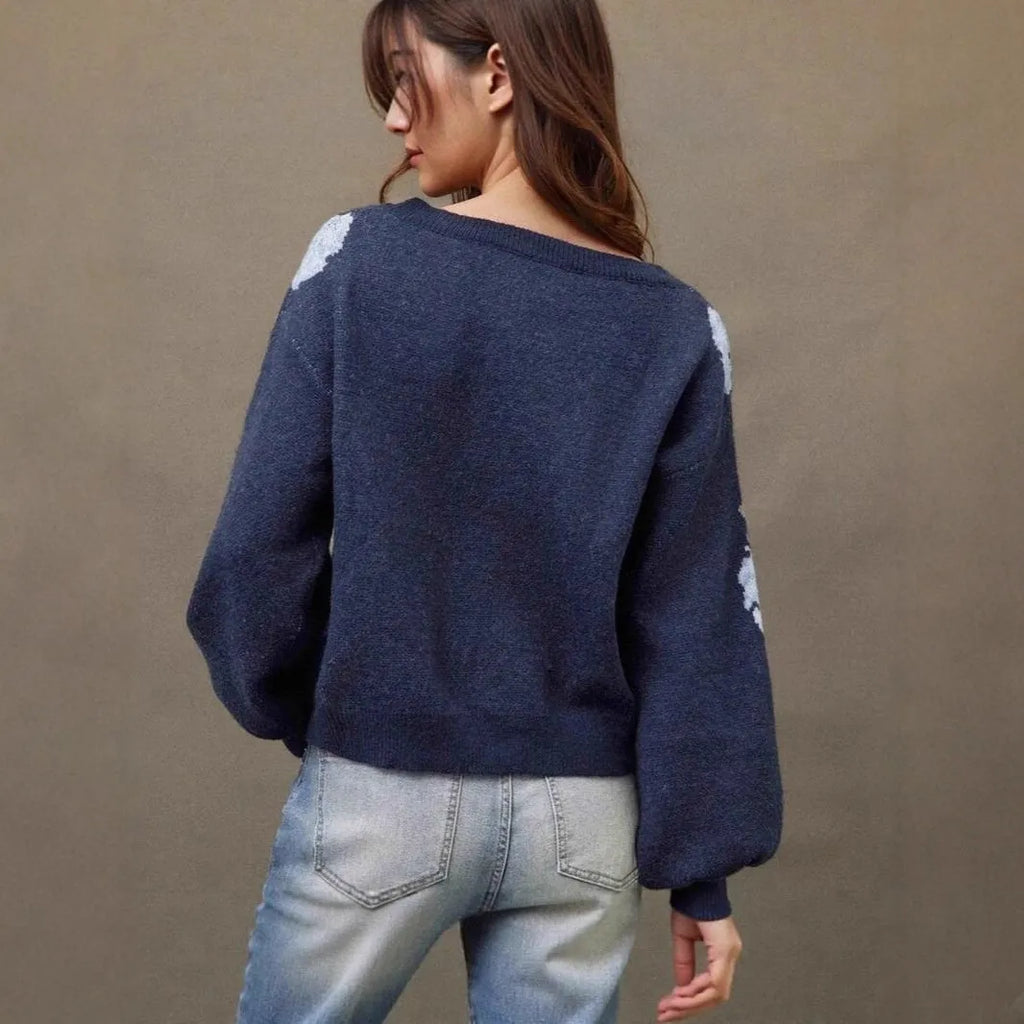 Sapphire blue women's pullover with floral jacquard pattern, loose casual fit with off-neck design