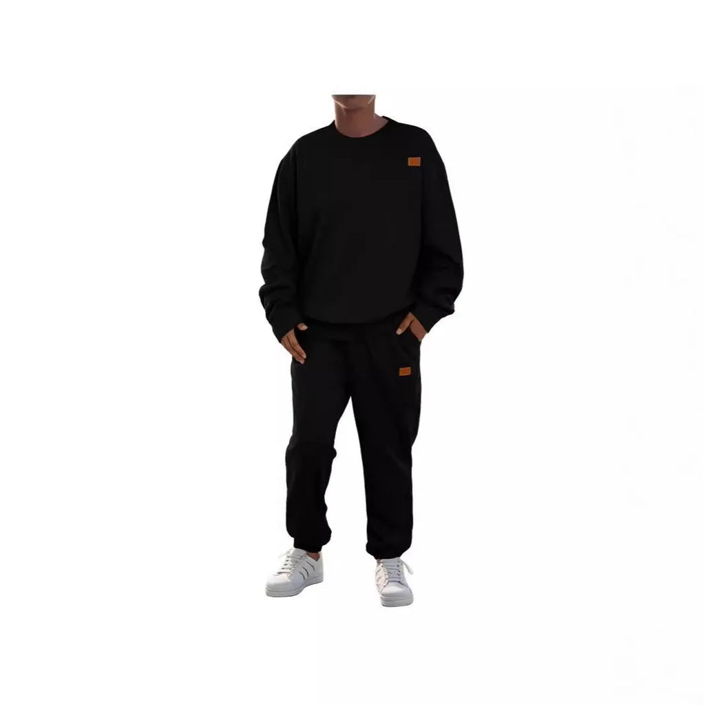 Men's round neck sweater set with long sleeve top and trousers in polyester blend, shown in black, beige, gray, khaki and army green