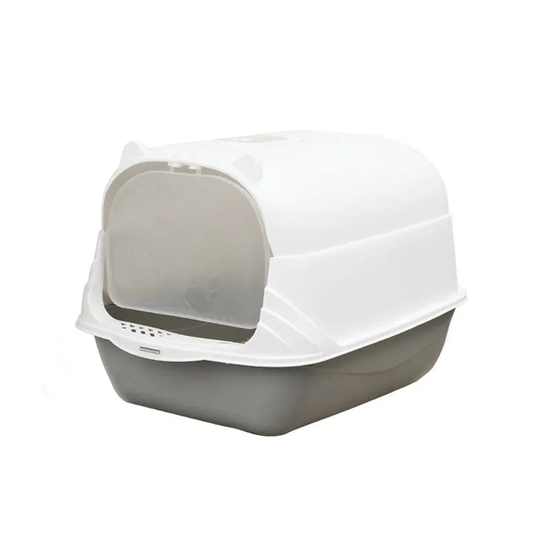 Oversized enclosed PP cat litter box with lid in grey colour, placed on floor