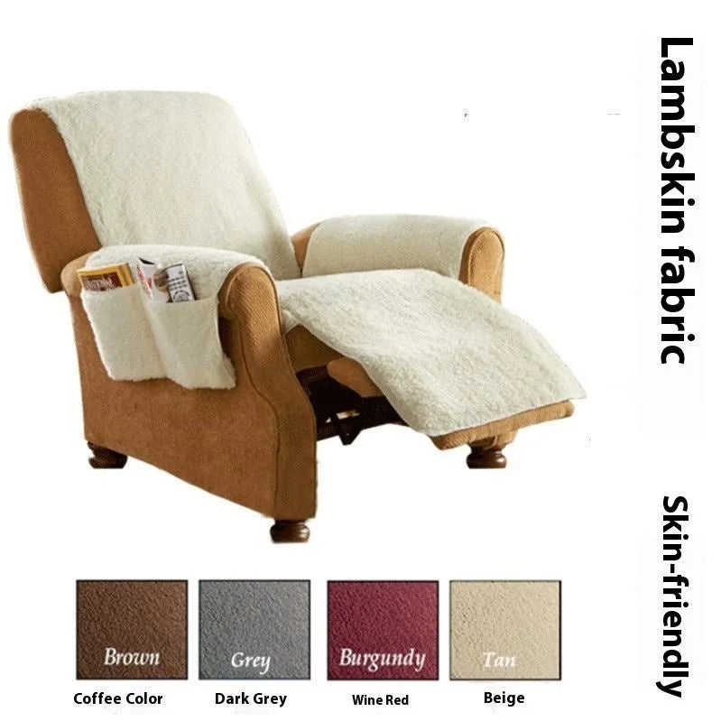 Lamb wool coloured polyester sofa cushion cover shown on a seat, with size options for 55cm, 64cm, and 71cm widths.