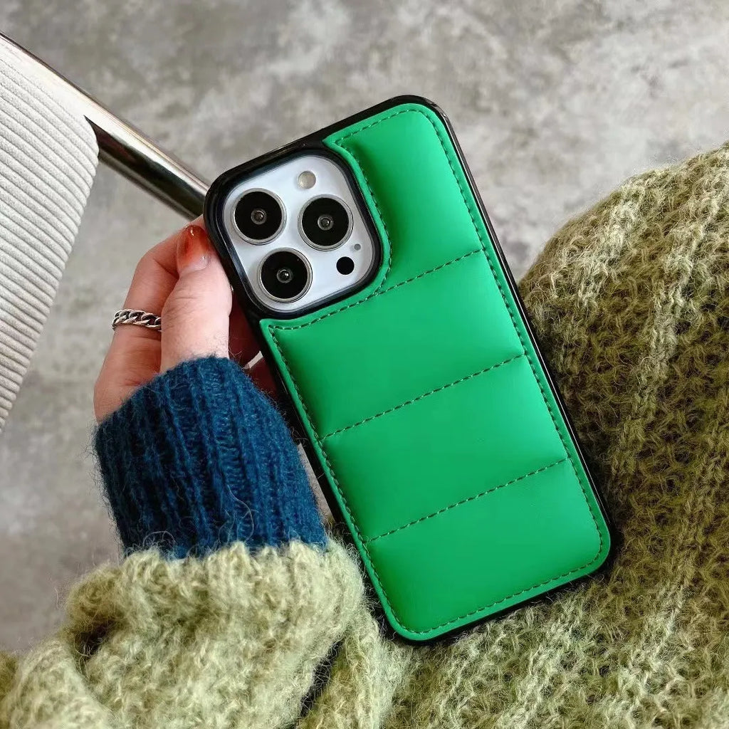 Candy down jacket phone case for iPhone 17 in black showing padded design and cut-outs