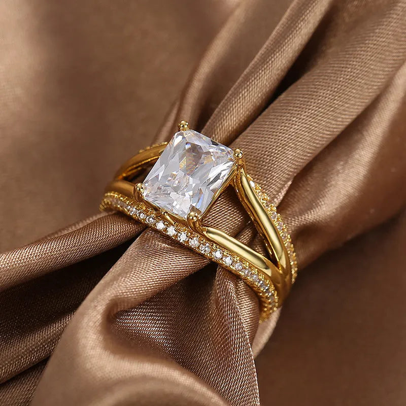 Women's geometric gold square zircon ring on copper band with electroplated finish
