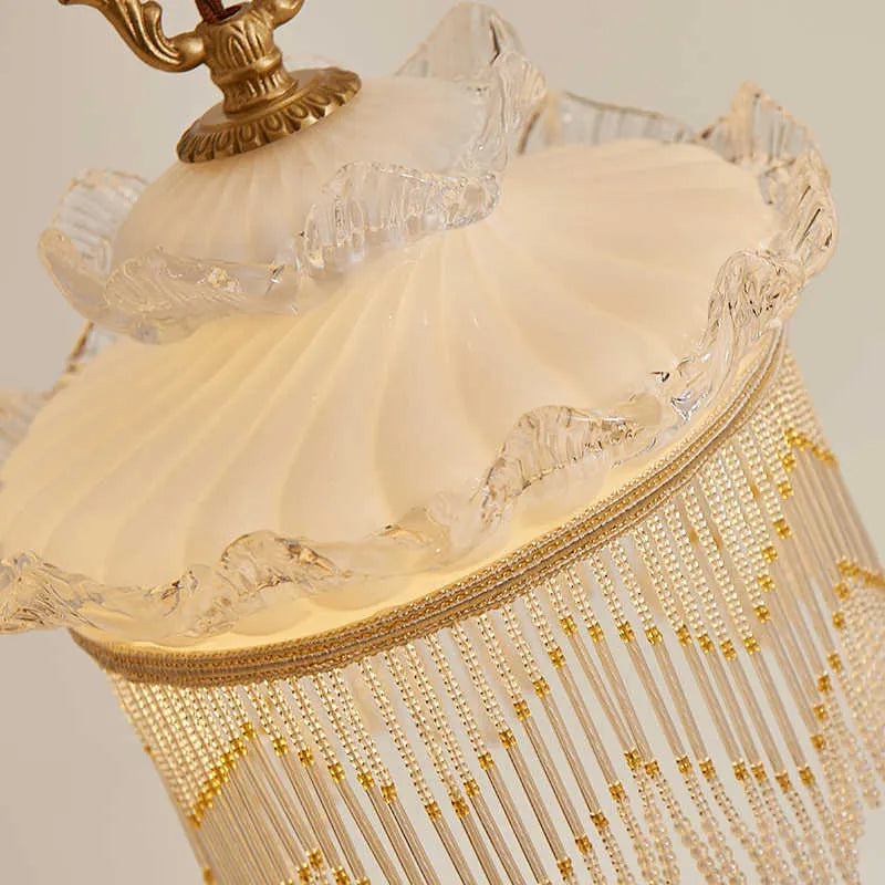 Tassel chandelier with copper lamp body and glass lampshade for dining room or bedroom