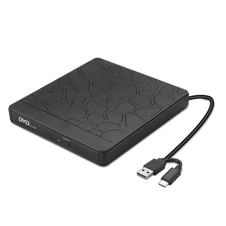 Black 5-in-1 external optical drive for notebook computer with dual interface, size 15.4x14.3x1.8cm