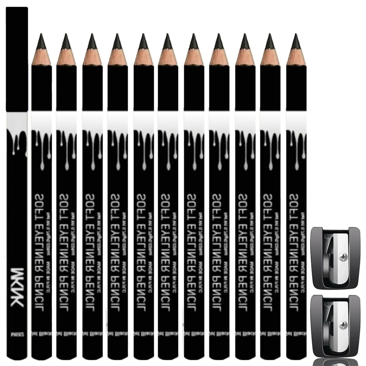 12-piece white and black waterproof eyeliner pencil set with retractable design and sharpener