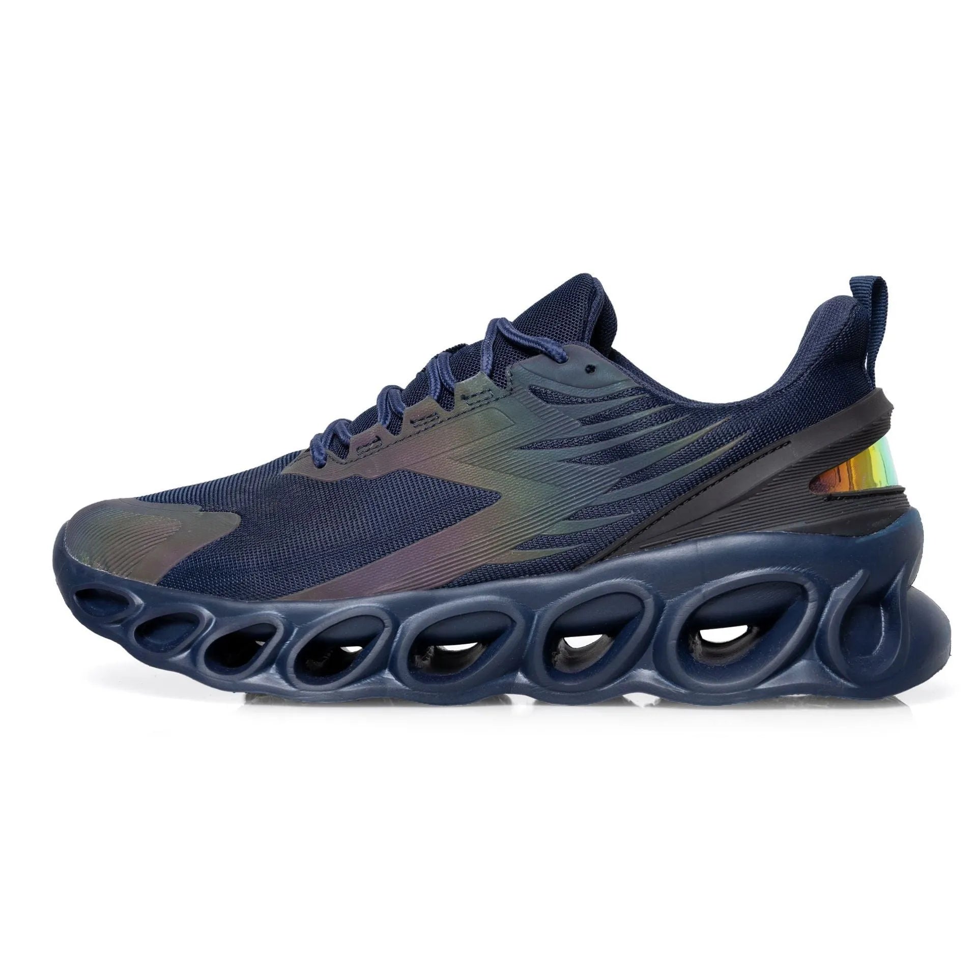 Men's casual mesh sneakers with EVA sole in black colour showing lace-up design and round toe