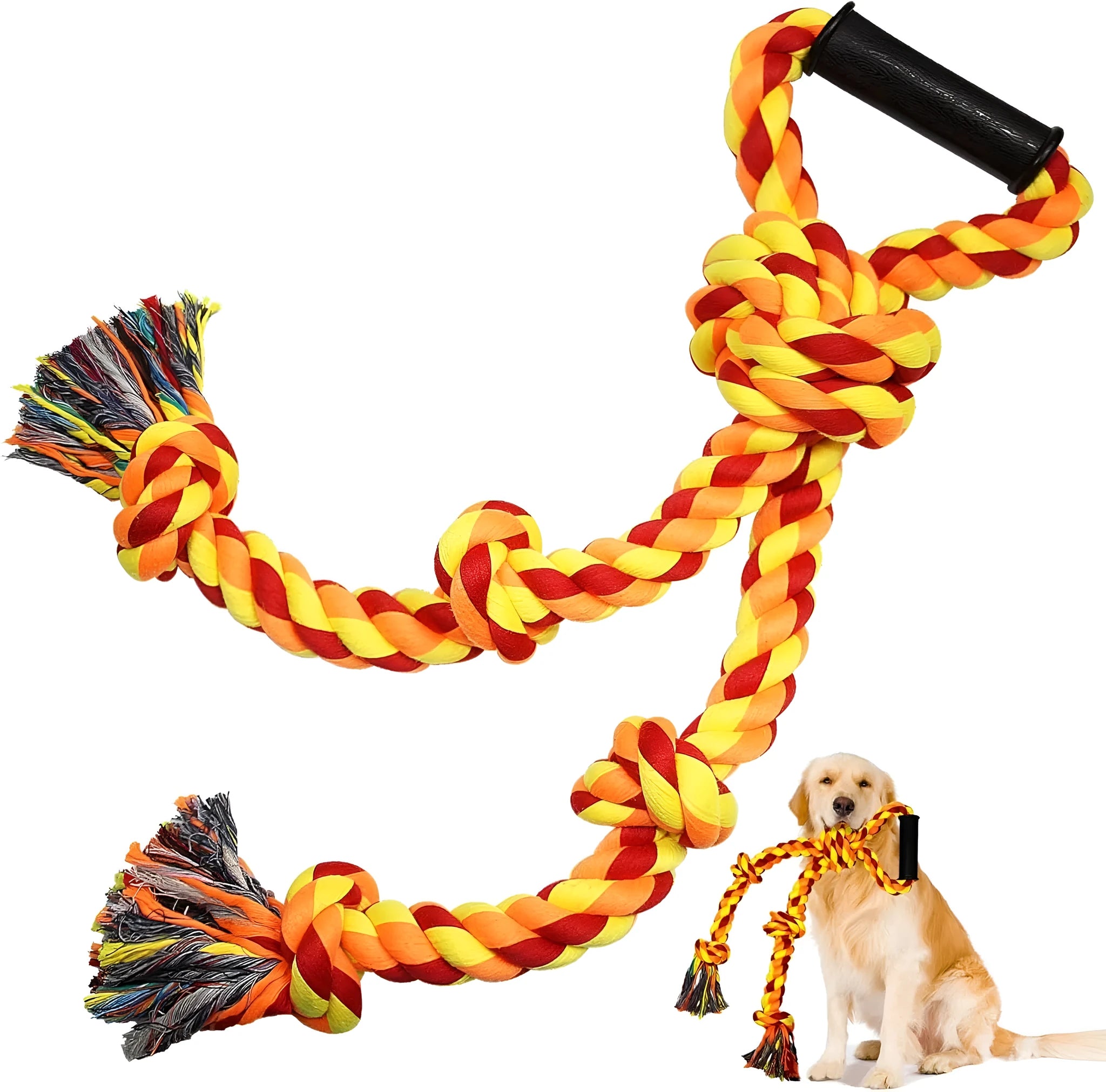 Blue and yellow durable cotton dog tug rope toy with ergonomic handle for large breeds.