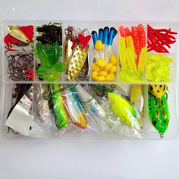 142-piece fishing lure kit containing hard minnow lures, soft plastic sequins, fishhooks, and metal pliers on a blue background.