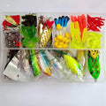 142-piece fishing lure kit containing hard minnow lures, soft plastic sequins, fishhooks, and metal pliers on a blue background.
