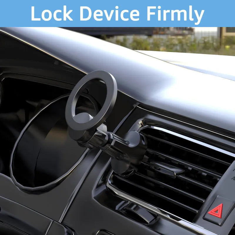 Black magnetic suction car phone holder mounted on a vehicle air vent, showing O-ring clip and magnet for phone attachment.