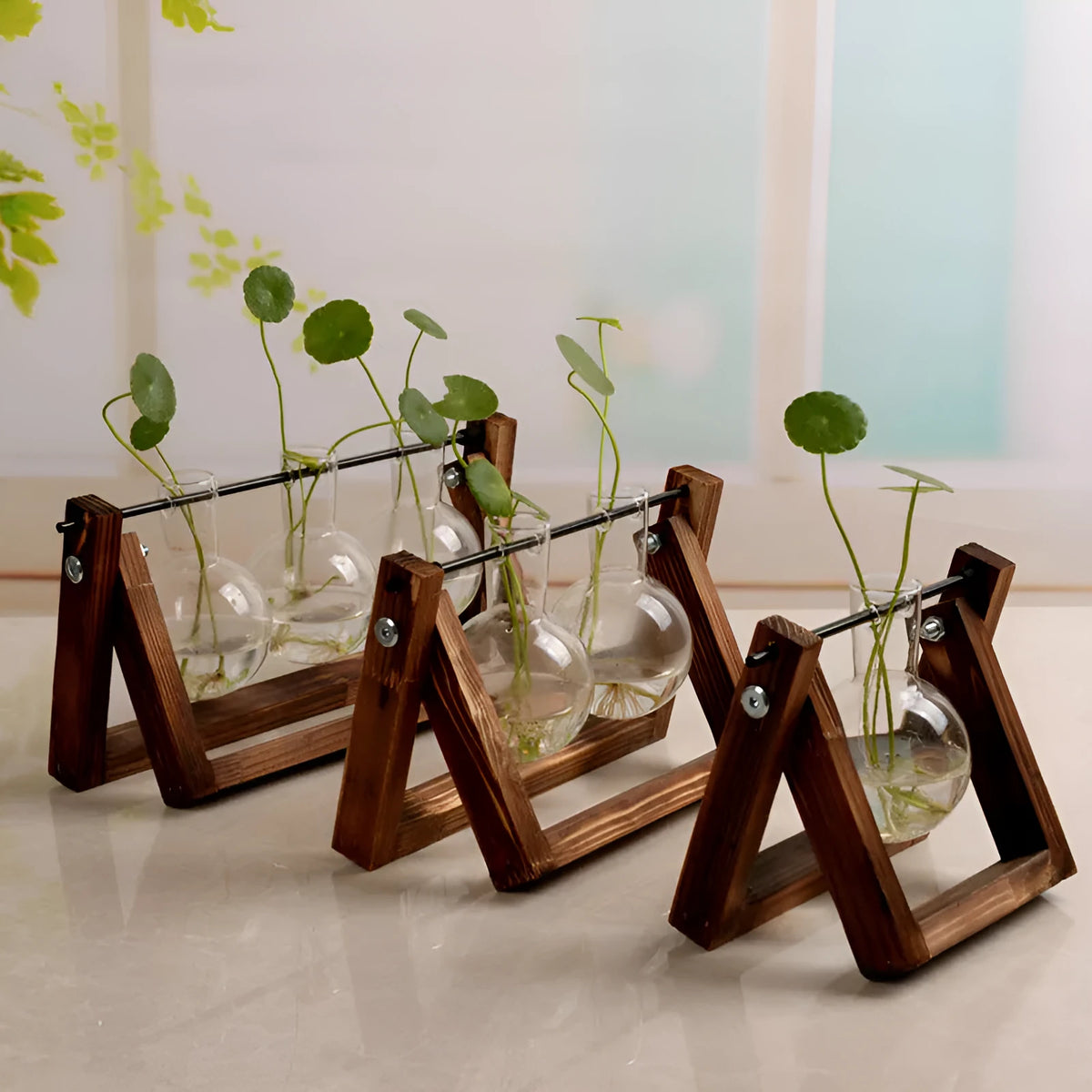 Hydroponic borosilicate glass vase in a wooden swing stand with iron frame, geometric pastoral design for indoor plant display