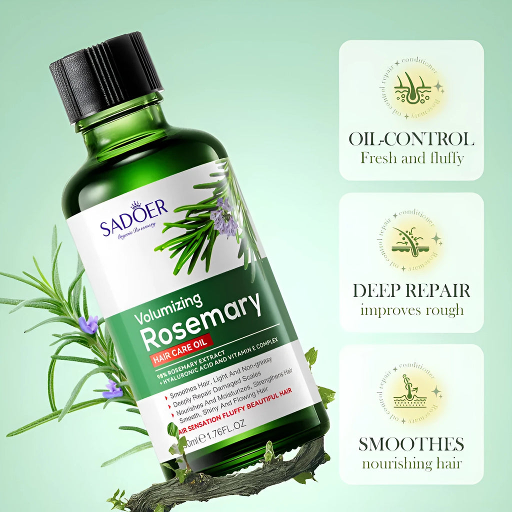 Green rosemary hair care essential oil 50ml bottle for dry and frizzy hair, with 500ml shampoo and conditioner options