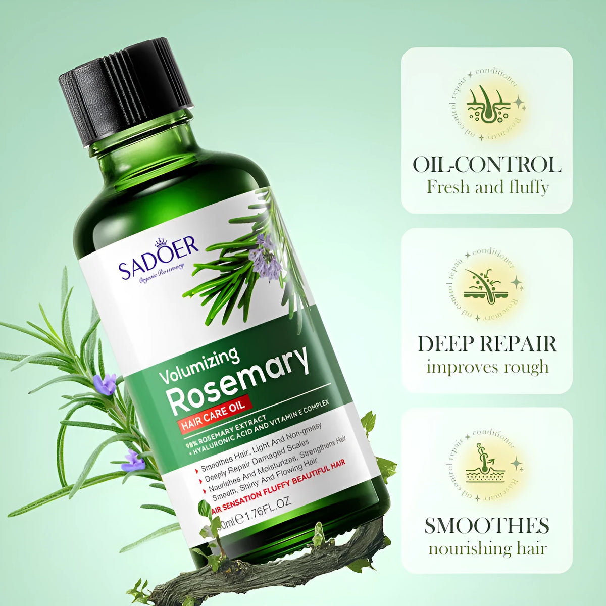 Green rosemary hair care essential oil 50ml bottle for dry and frizzy hair, with 500ml shampoo and conditioner options