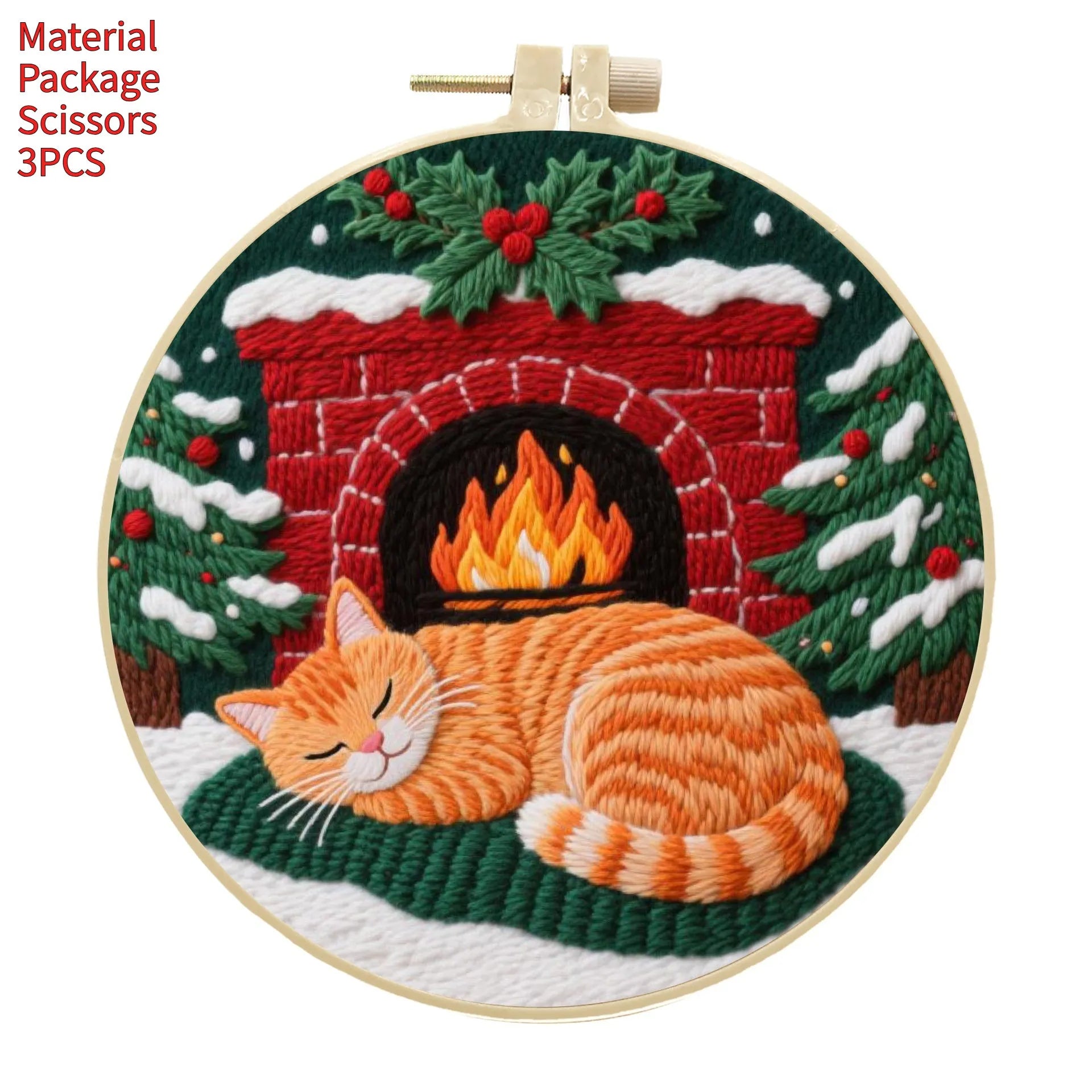 Cotton linen embroidery material package showing autumn fruit patterns for cat-themed DIY projects