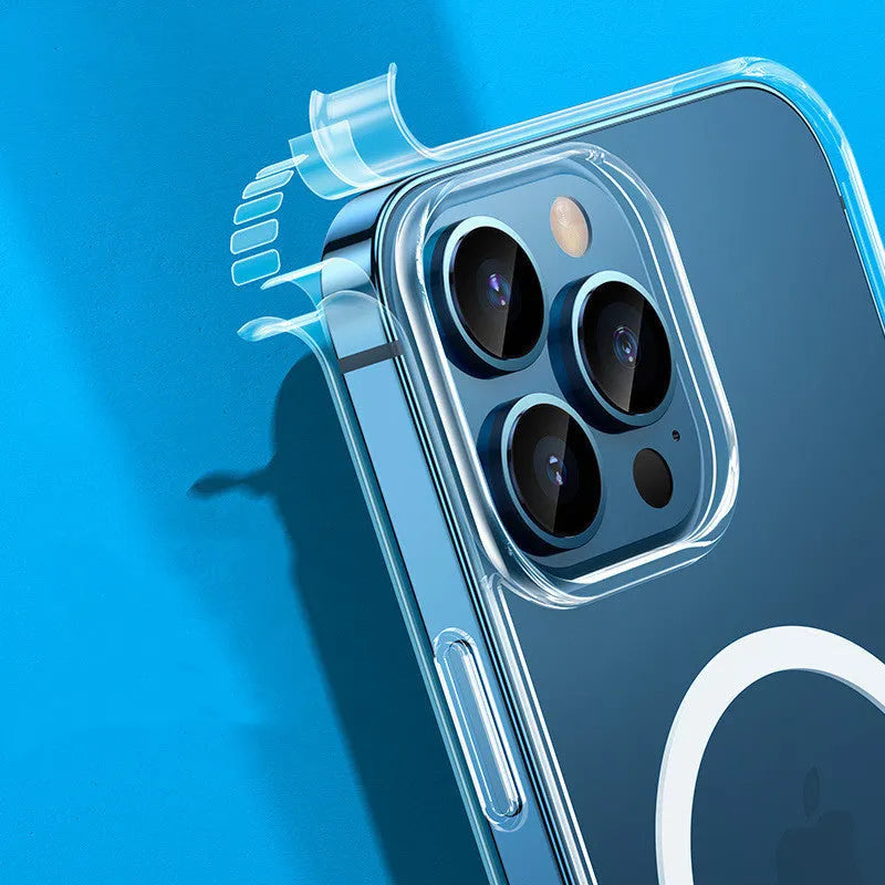 Transparent MagSafe magnetic airbag protective case for Apple iPhone 13 series.