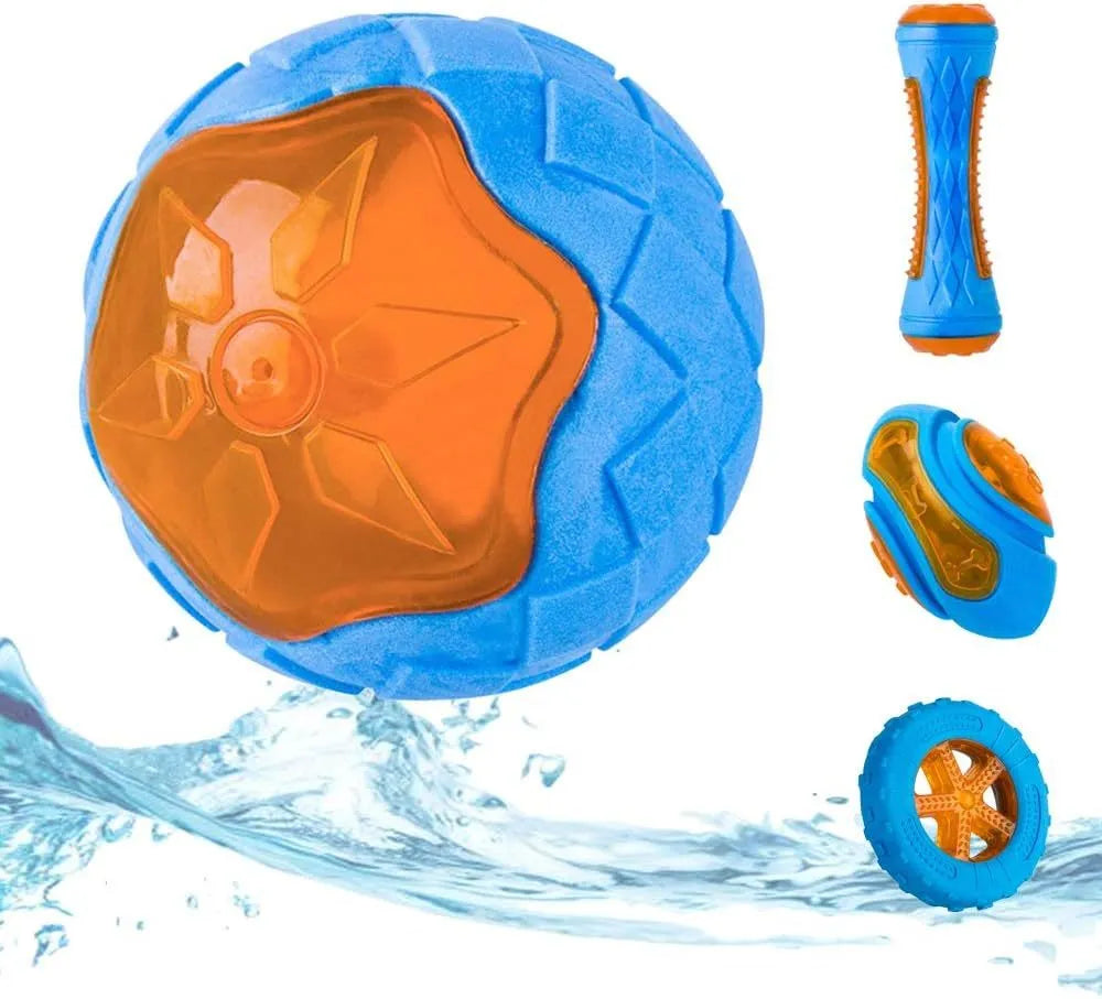 Three squeaky floating dog toys: a ball, barbell, and tires on a blue background.