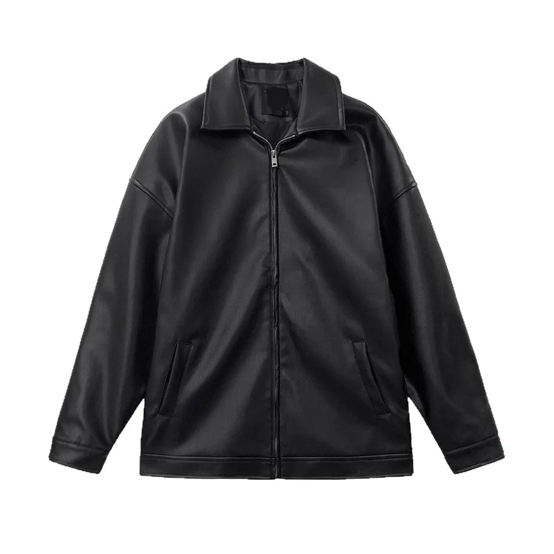 Men's black leather-style casual baseball jacket with loose fit and side seam pockets