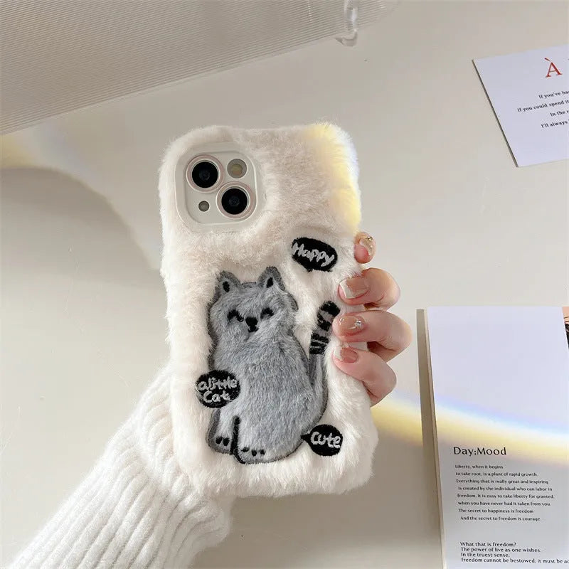 TPU phone case with plush embroidery happy cat and furry texture for Apple iPhone