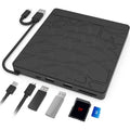 Black 5-in-1 external optical drive for notebook computer with dual interface, size 15.4x14.3x1.8cm